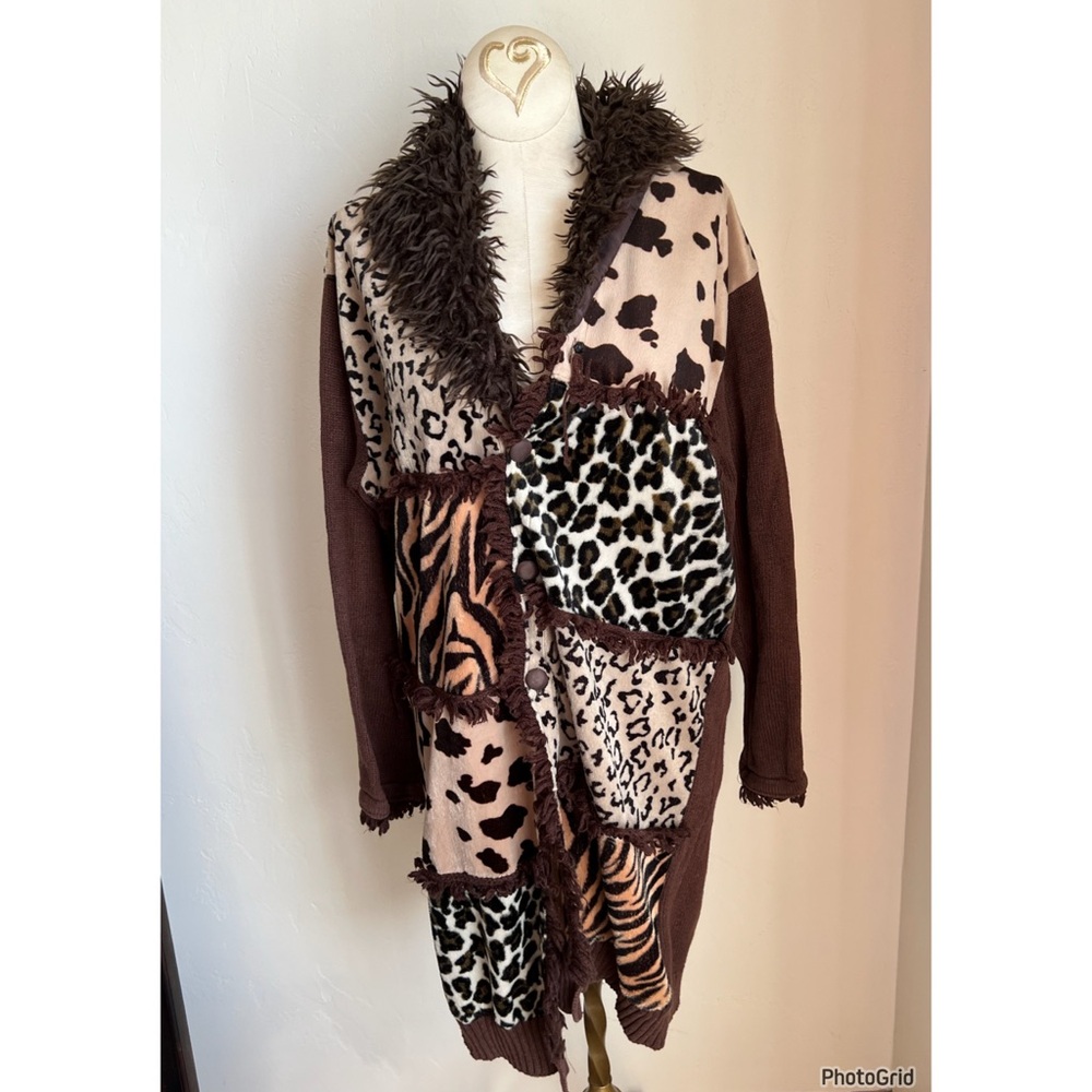 Storybook Knits Mixed Animal Print Brown Cardigan Medium Faux Fur